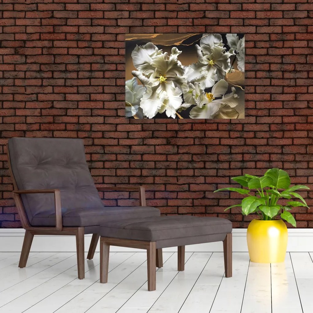 Tablou pe sticlă - Flori de orhidee pe fundal de marmură (70x50 cm)