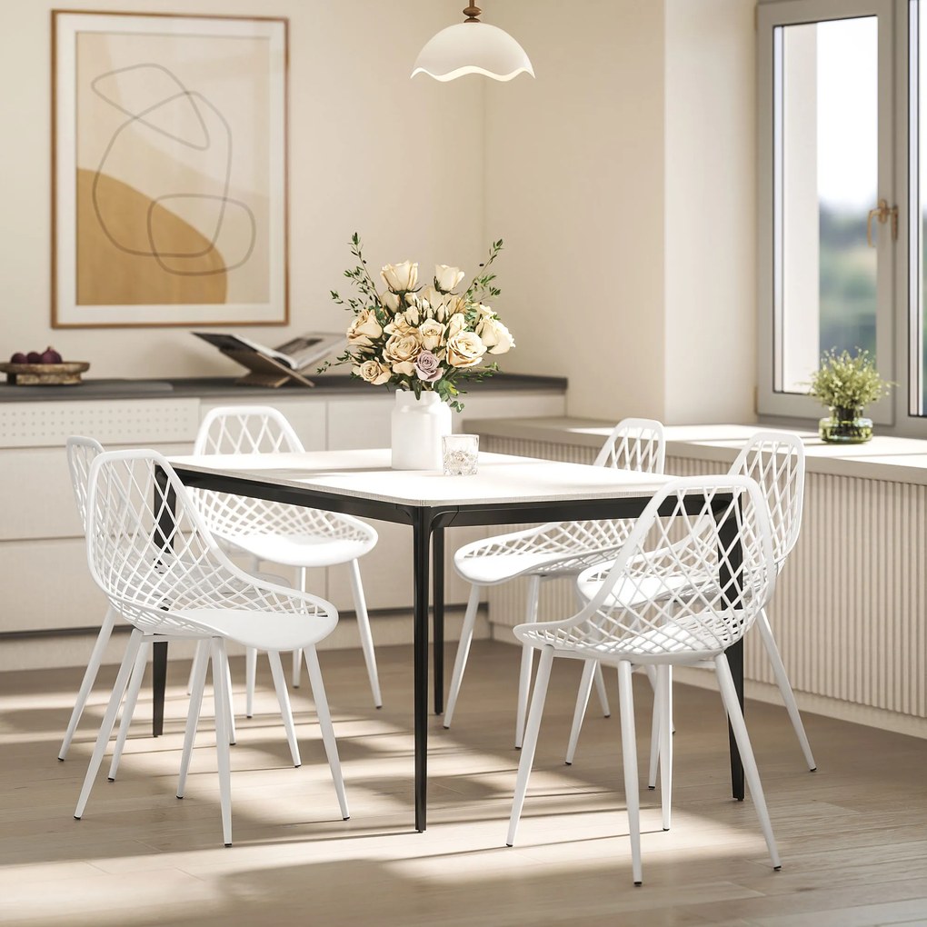 HOMCOM Set 4 Scaune Moderne cu Spătar Perforat din Plastic și Metal Alb | Aosom Romania