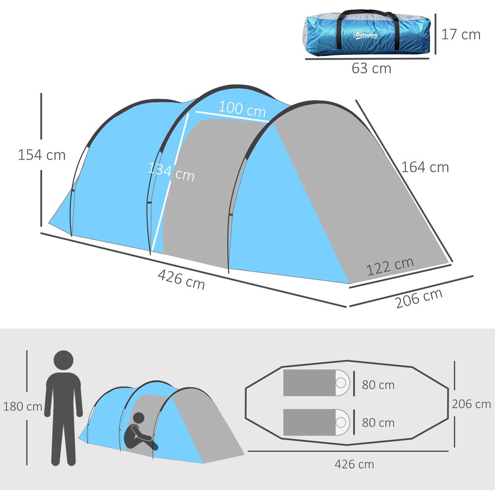 Outsunny Cort de camping, cort instant pentru 2-3 persoane, vestibul si zona de dormit, rezistent la apa, 426 x 206 x 154 cm, albastru deschis | Aosom Romania