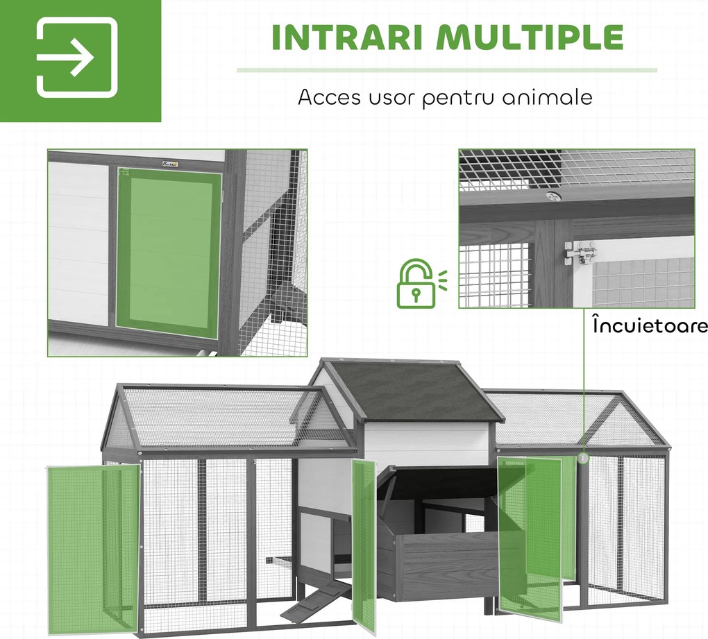 PawHut Coteț din Lemn pentru Găini Ouașe de Exterior cu 2 Recinții Laterale, Cuibar, Acoperiș Impermeabil, Tavă Glisantă, Zonă de Odihnă, Uși și Rampă, pentru 2-4 Găini, 247x118x113.5cm, Gri | Aosom Romania