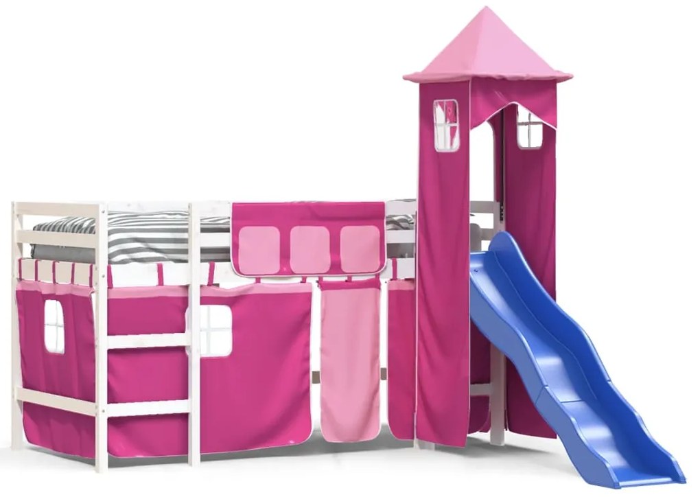 3207068 vidaXL Pat etajat de copii cu turn, roz, 80x200 cm, lemn masiv pin