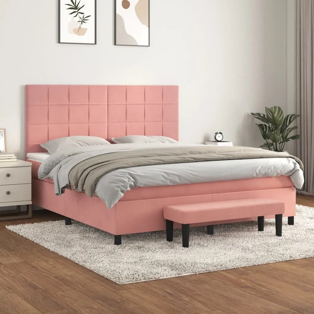 3137856 vidaXL Pat box spring cu saltea, roz, 160x200 cm, catifea