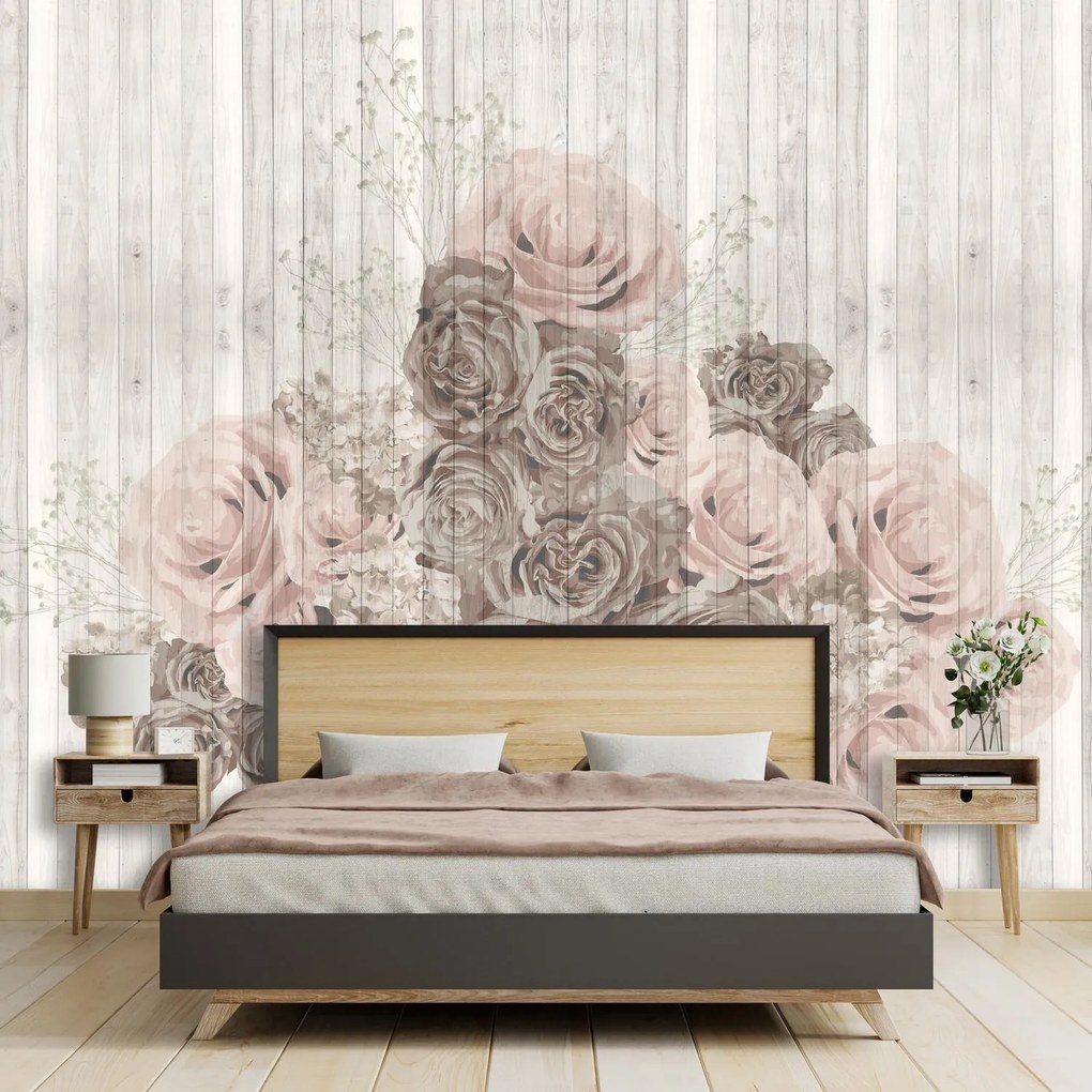 Fototapet - Flori in scânduri de lemn (147x102 cm)