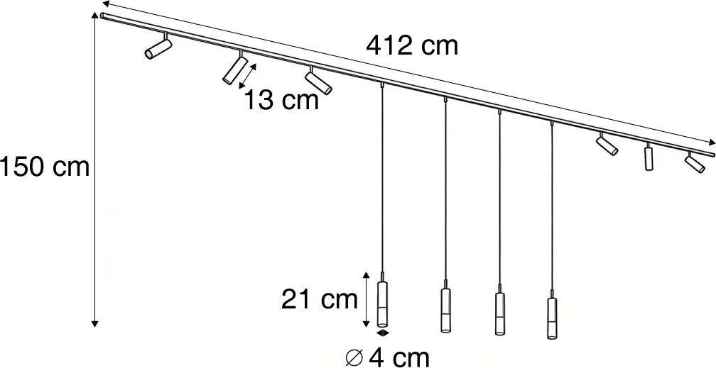 Sistem de iluminat pe șină modern negru cu 6 spoturi și 4 lumini suspendate monofazate - Slimline Uzzy Loyce