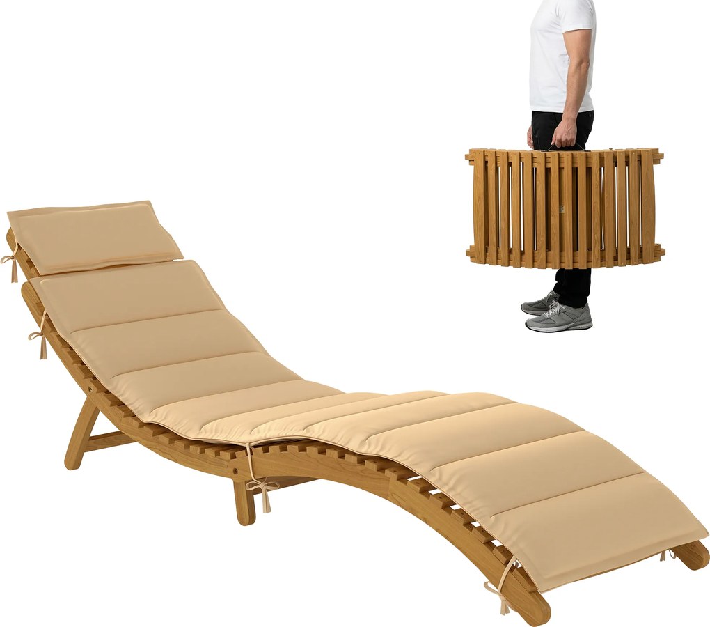 Outsunny Șezlong pliabil rezistent la intemperii din lemn cu tapițerie, suport pentru cap și mâner de transport 183 x 54 x 63 cm, Bej | Aosom Romania