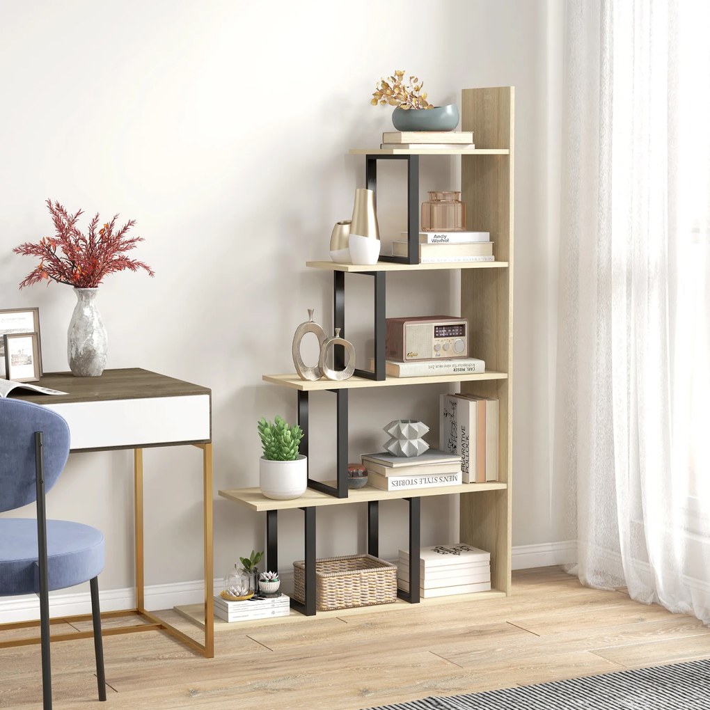 HOMCOM Bibliotecă raft separator de încăperi de stil industrial în formă de scară cu 5 rafturi 102 x 30 x 160 cm culoare stejar | Aosom Romania
