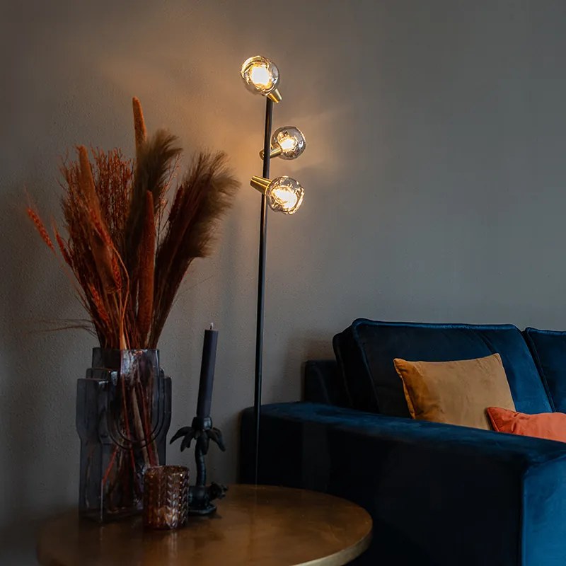 Lampă de podea Art Deco neagră și aurie cu sticlă fumurie cu 3 lumini - Vidro