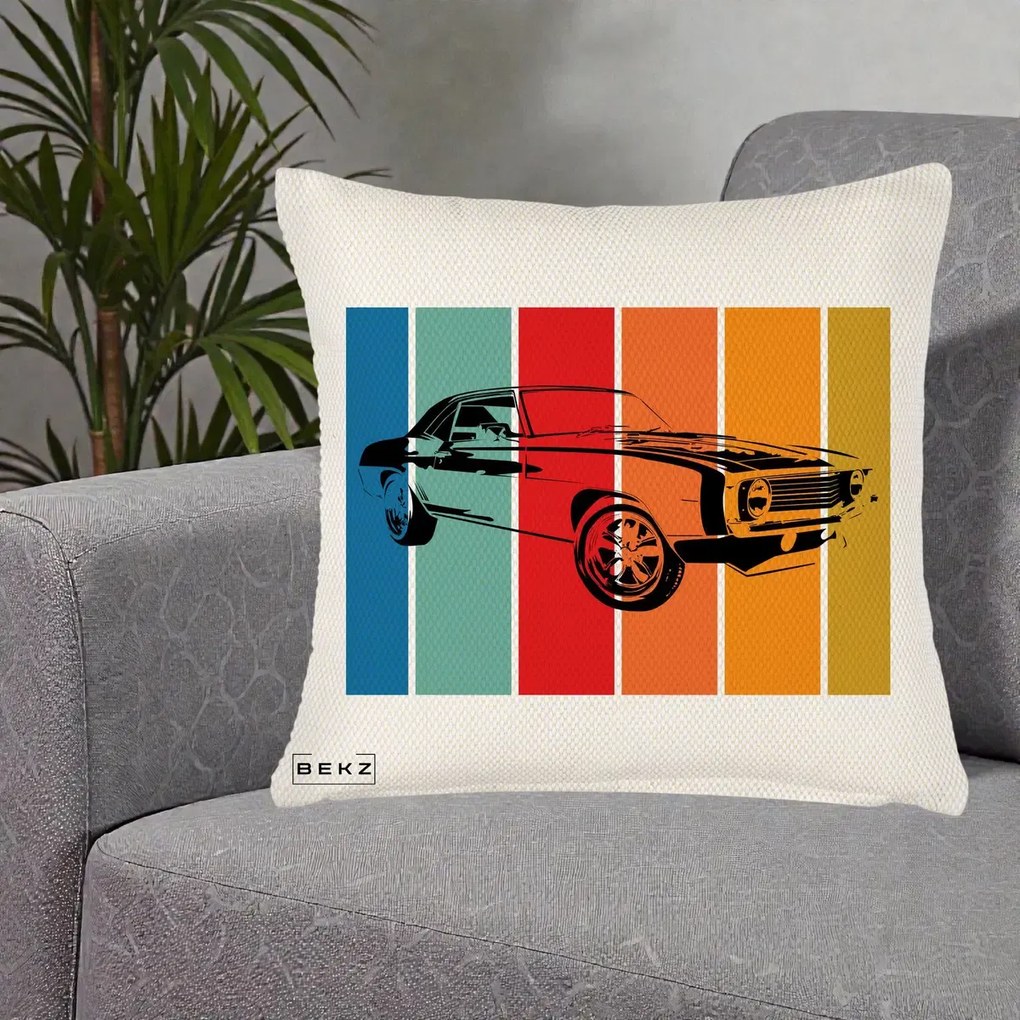 Perna Personalizata Masina Retro Muscle Car Grafic, 40x40 cm, Crem Reliefat, Husa Detasabila, Perna Inclusa, BEKZ®