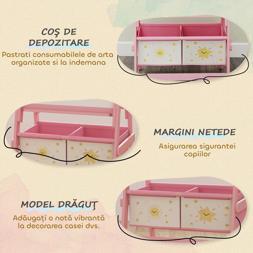 AIYAPLAY Tablă de desen pentru copii 3 în 1 cu rolă de hârtie și 2 coșuri Roz | Aosom Romania
