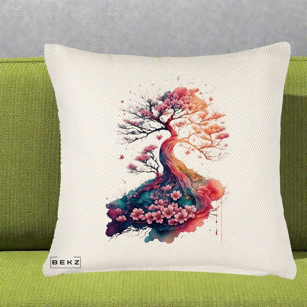 Perna Decorativa Copac Sakura Acuarela Fantasy, 40x40 cm, Crem Reliefat, Husa Detasabila, Perna Inclusa, BEKZ®