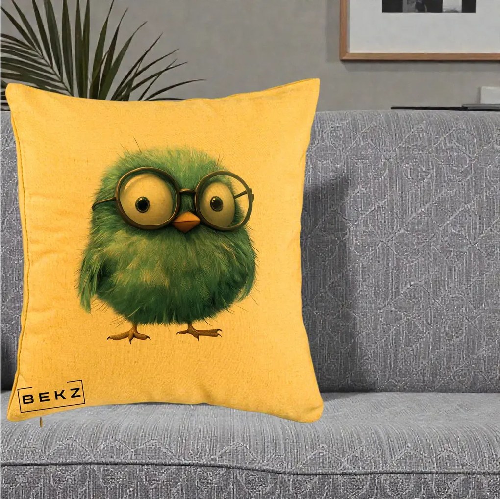 Perna Decorativa Pui Pufos Teal cu Ochelari, 40x40 cm, Galben, Husa Detasabila, Perna Inclusa, BEKZ®