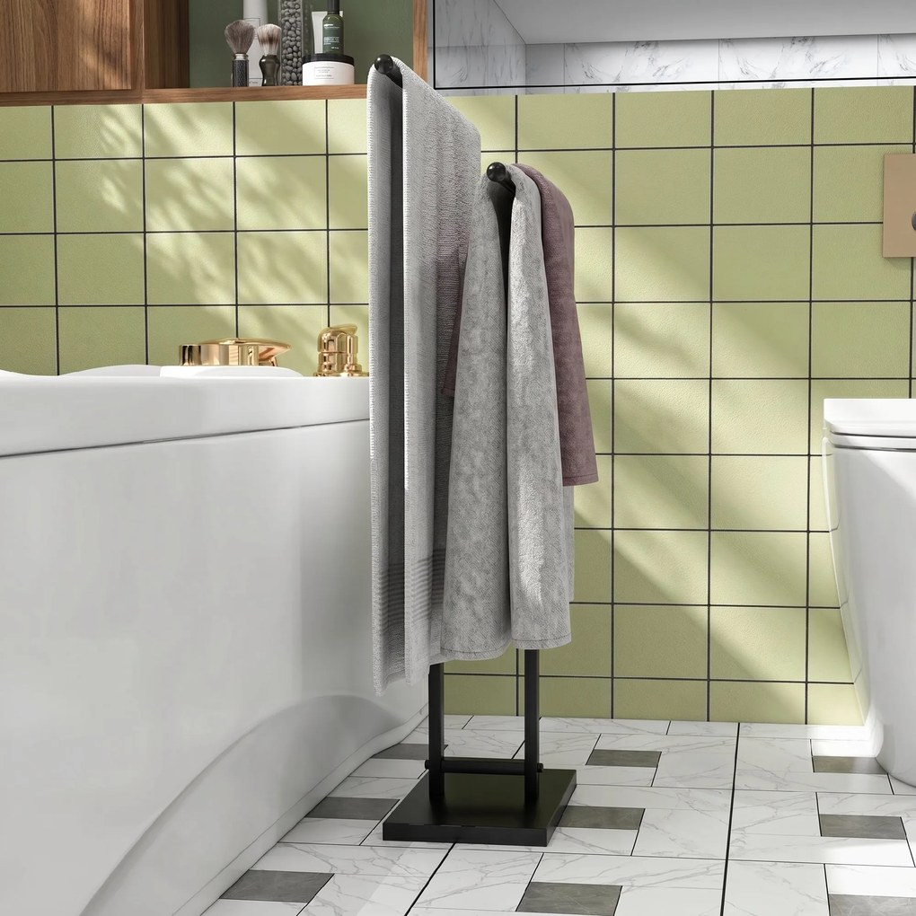 HOMCOM Suport de Prosoape de Podea cu 2 brațe, Suport de Prosoape din Metal pentru Baie, 50x18,5x85 cm, Negru | Aosom Romania