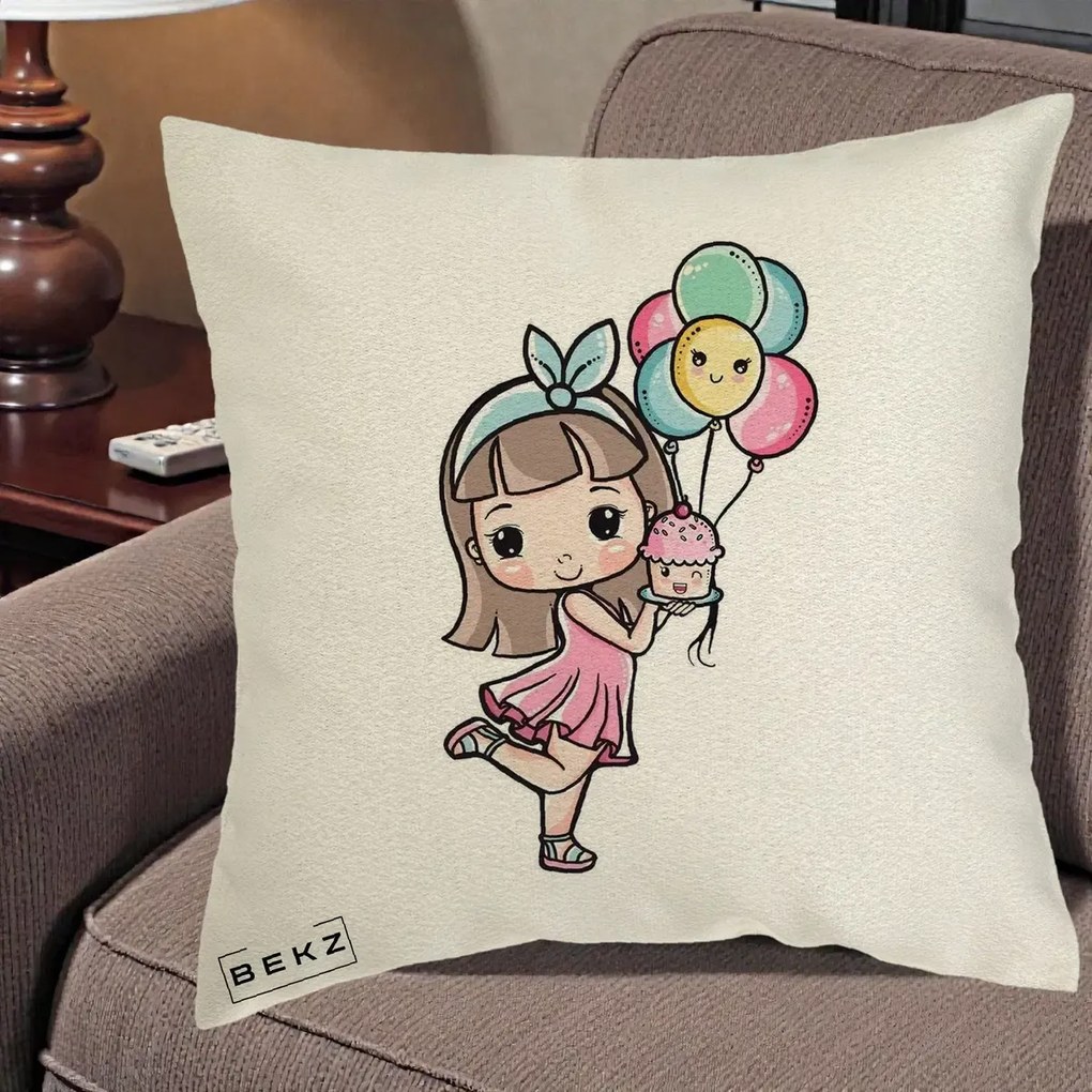 Perna Decorativa Fetita Kawaii cu Baloane si Cupcake, 40x40 cm, Ecru, Husa Detasabila, Perna Inclusa, BEKZ®
