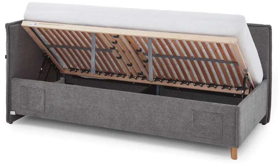 Pat pentru copii gri pe colț tapițat cu spațiu de depozitare cu somieră 90x200 cm Fun – Meise Möbel