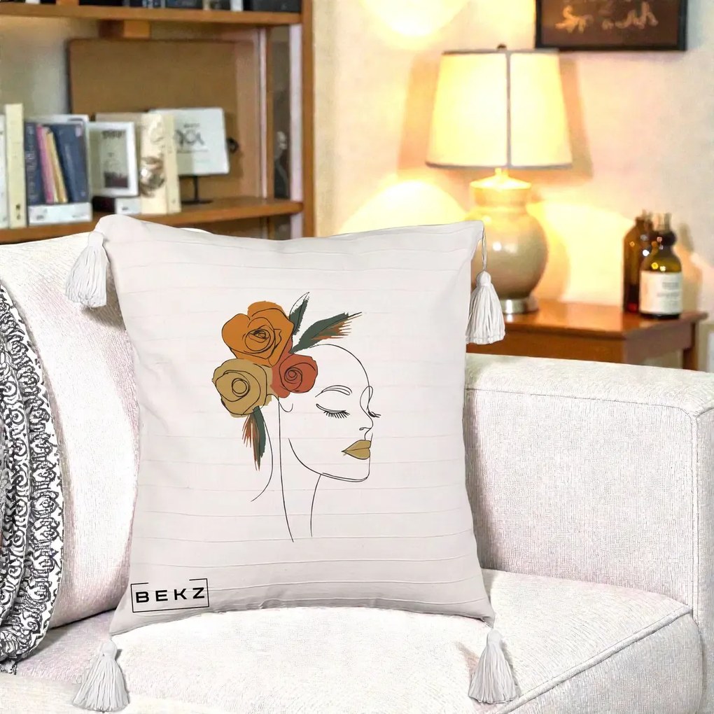 Perna Decorativa Portret Feminin Trandafiri Ruginii, 40x40 cm, Bej cu Franjuri, Husa Detasabila, Perna Inclusa, BEKZ®