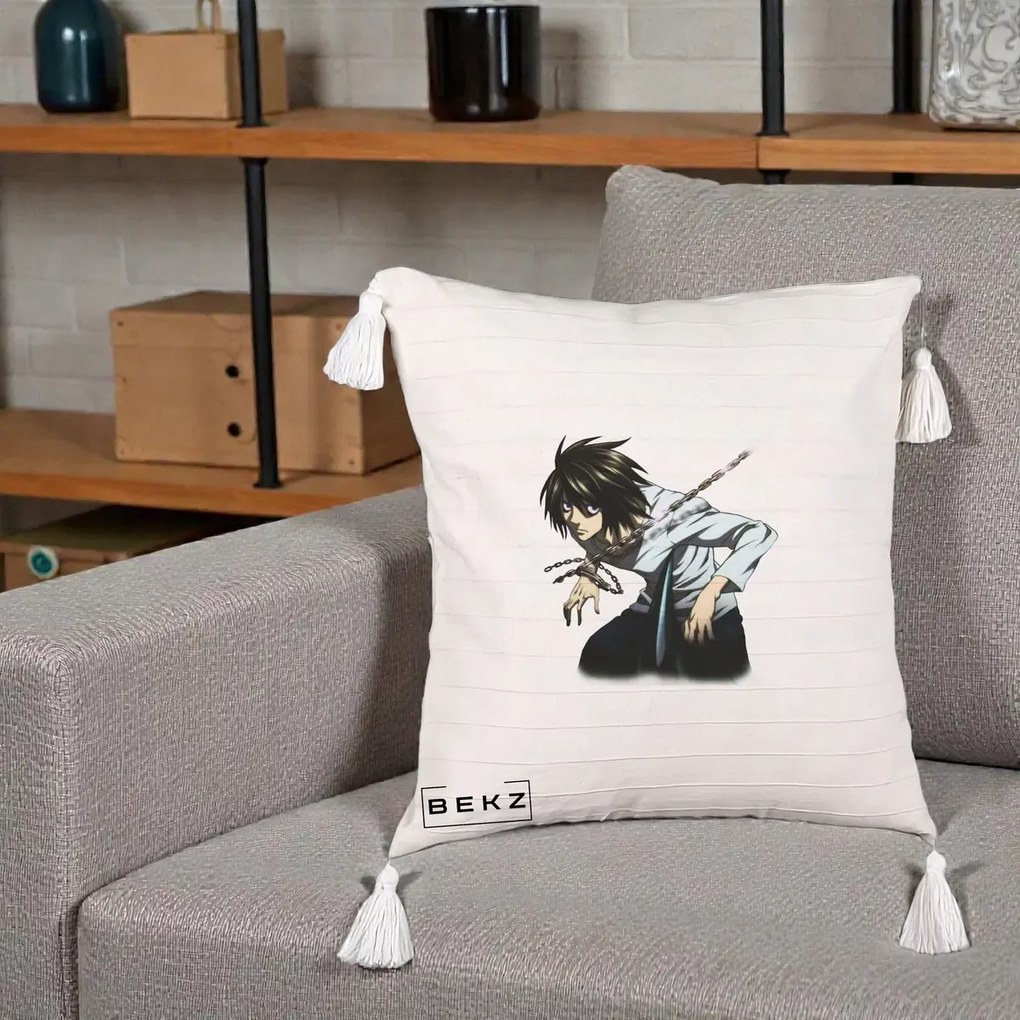 Perna Personalizata Death Note L Lawliet Lanturi, 40x40 cm, Bej cu Franjuri, Husa Detasabila, Perna Inclusa, BEKZ®