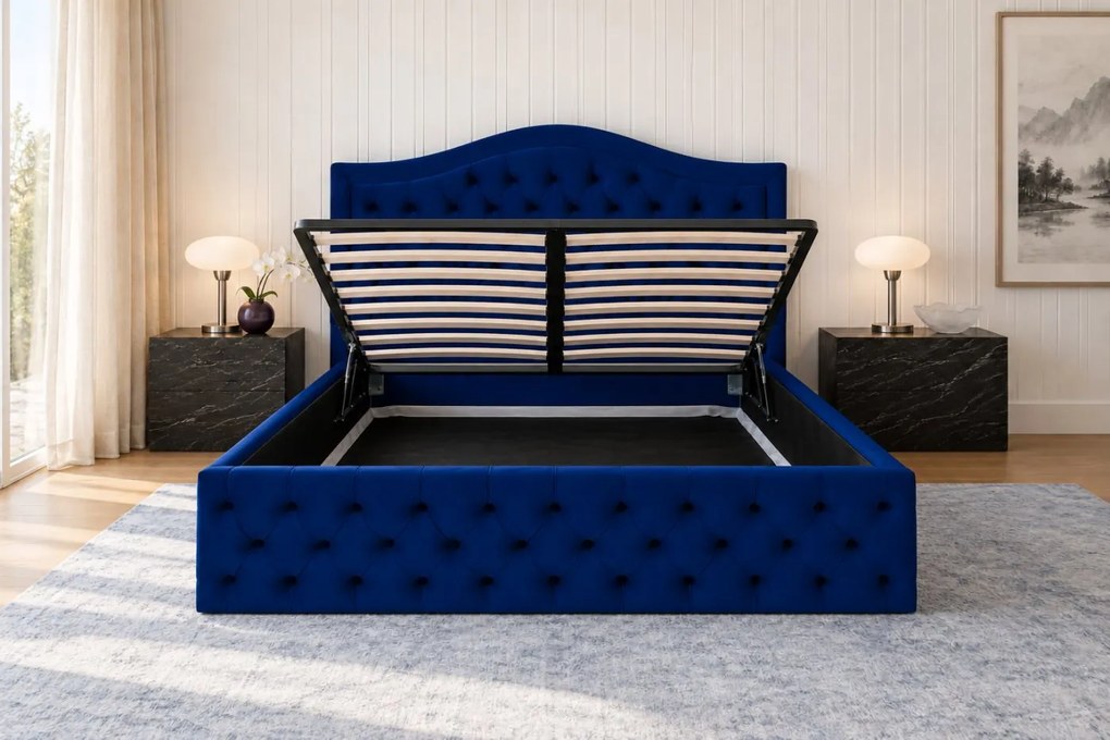 Pat tapițat din catifea Solaria 200×200 cm, bleumarin, cu ladă de depozitare