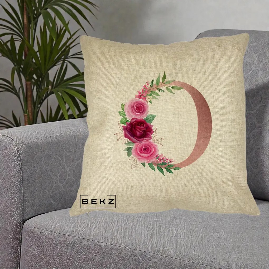 Cadou Personalizat - Perna Personalizata Monograma Rose Gold Litera O, 40x40 cm, Crem, Husa Detasabila, Perna Inclusa, BEKZ®