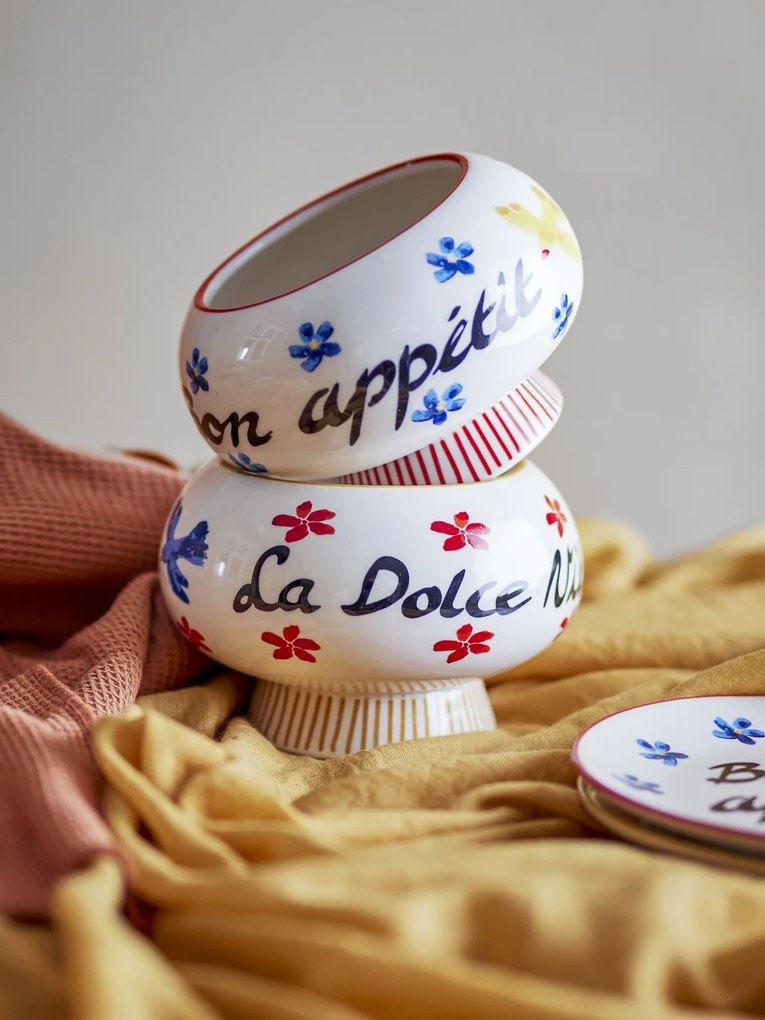 Set 4 boluri din ceramică artizanală, pictate manual cu motive florale și inscripții mediteraneene, multicolor, 13×9 cm, „Lindsay"
