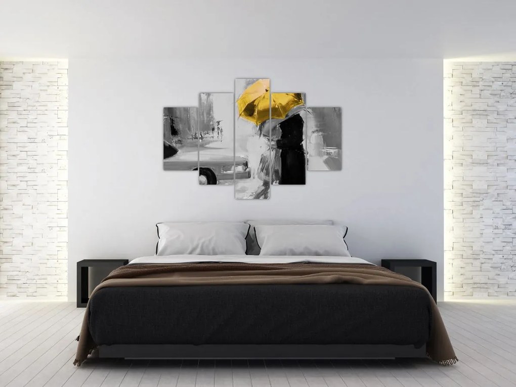 Tablou - Cuplu în dragoste sub o umbrelă, galben (150x105 cm)
