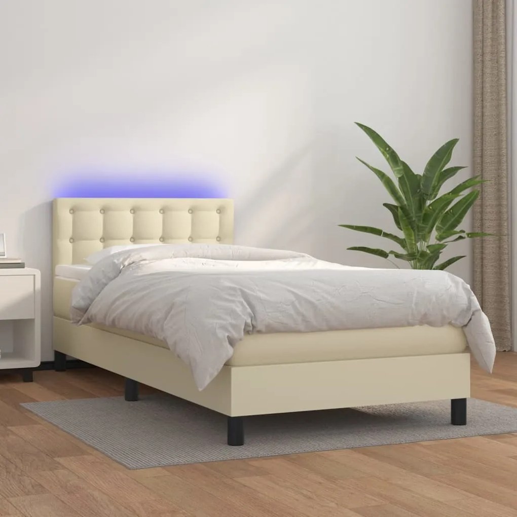 vidaXL Pat cu arcuri, saltea și LED, crem, 90x200 cm, piele ecologică
