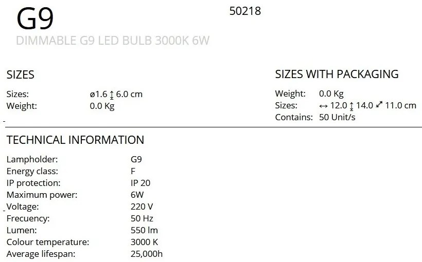 Bec G9 LED 550Lm 3000K 6W