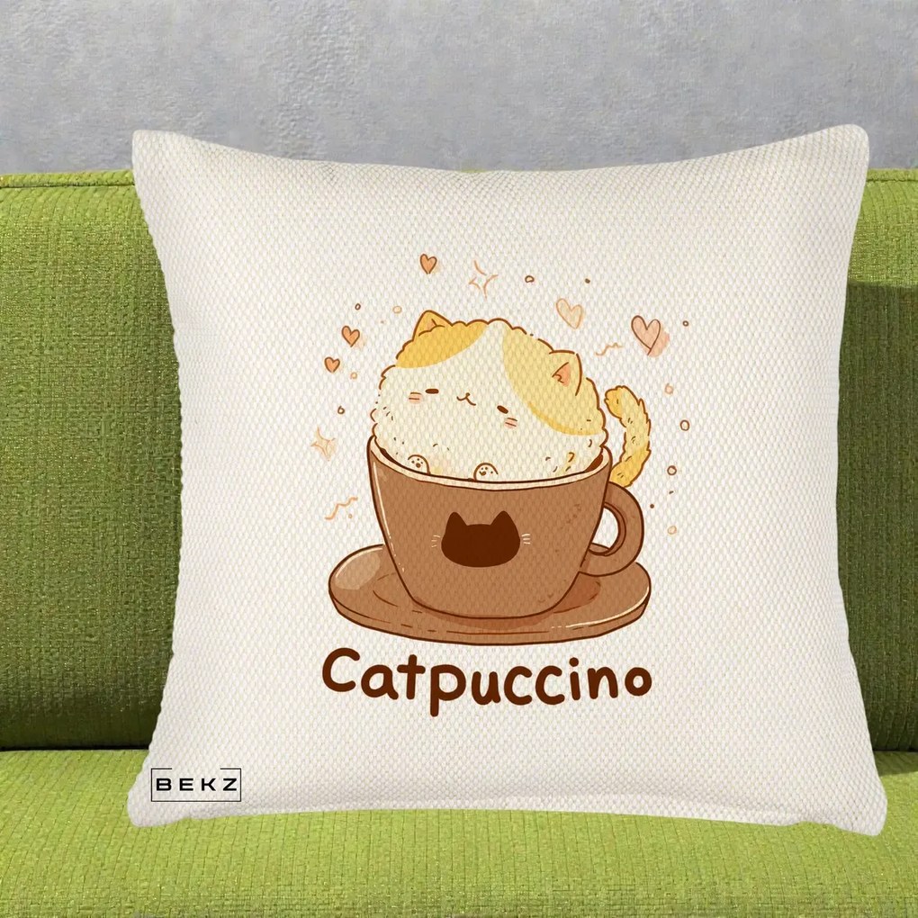 Perna Decorativa Catpuccino Pisica Cappuccino, 40x40 cm, Crem Reliefat, Husa Detasabila, Perna Inclusa, BEKZ®