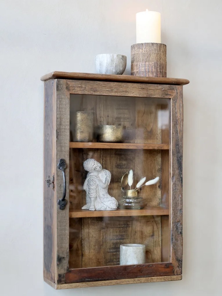Dulap de perete din lemn reciclat, cu rafturi și ușă din sticlă, aspect vintage, Grimaud