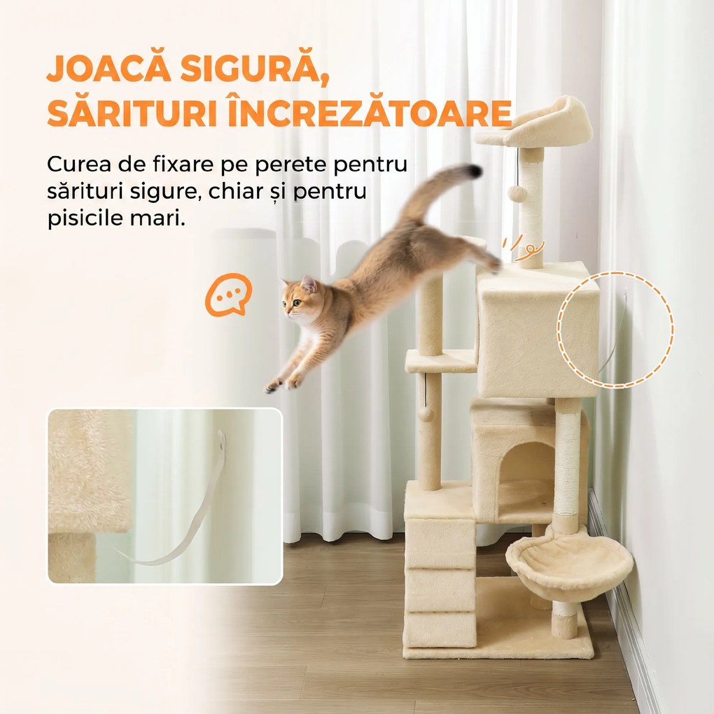 PawHut Ansamblu pentru Pisici, 140 Cm, cu 2 Căsuțe, Hamac, Culcuș și Stâlpi din Sisal, Bej | Aosom Romania