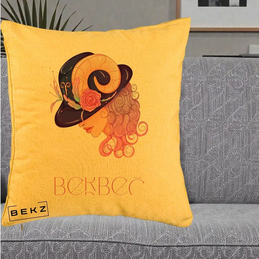 Perna Personalizata Zodie Berbec, 40x40 cm, Galben, Husa Detasabila, Perna Inclusa, BEKZ®