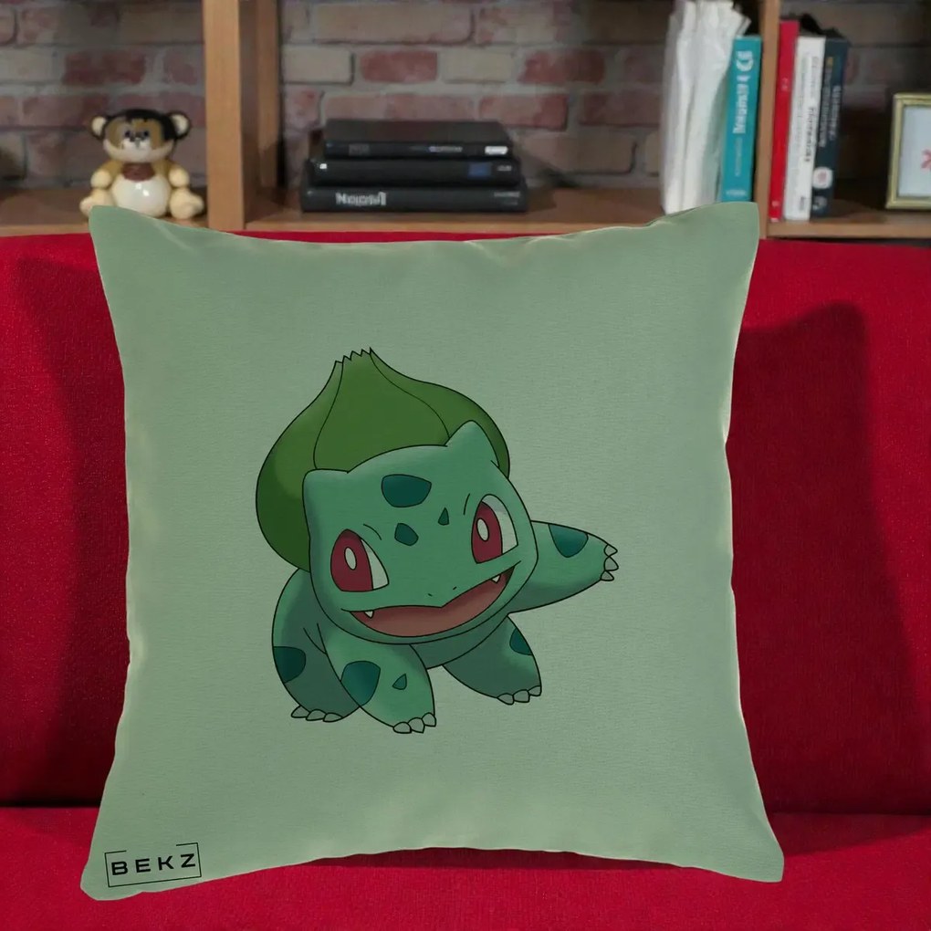 Perna Personalizata Bulbasaur Pokemon, 40x40 cm, Verde, Husa Detasabila, Perna Inclusa, BEKZ®