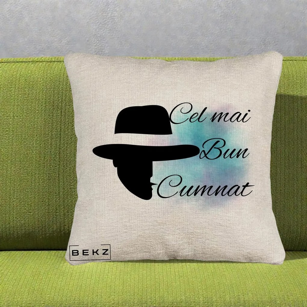 Cadou pentru Cumnat - Perna Personalizata Cel mai Bun Cumnat cu Silueta Palarie si Pete Teal-Roz, 40x40 cm, Bej Canapea, Husa Detasabila, Perna Inclusa, BEKZ®