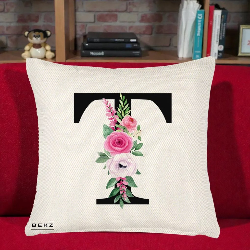 Cadou Personalizat - Perna Personalizata Monograma Florala Litera T, 40x40 cm, Crem Reliefat, Husa Detasabila, Perna Inclusa, BEKZ®