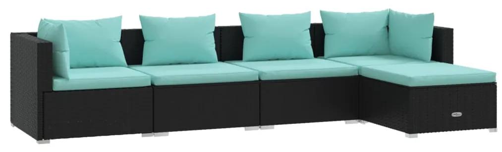 Set mobilier de gradina cu perne, 5 piese, negru, poliratan negru si albastru acvatic, 2x colt + 2x mijloc + suport pentru picioare, 1