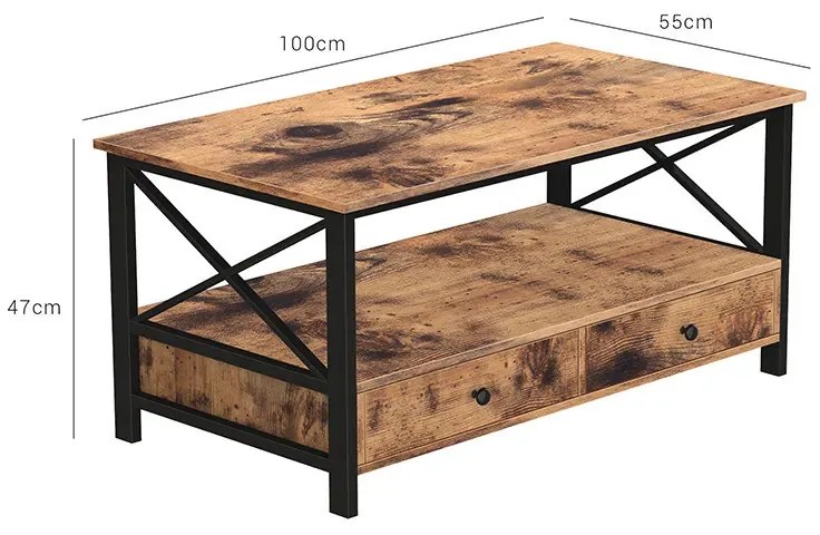 Masuta Cafea cu 2 Sertare si Raft, PAL Melaminat / Metal, Maro, Vasagle, LCT21BX