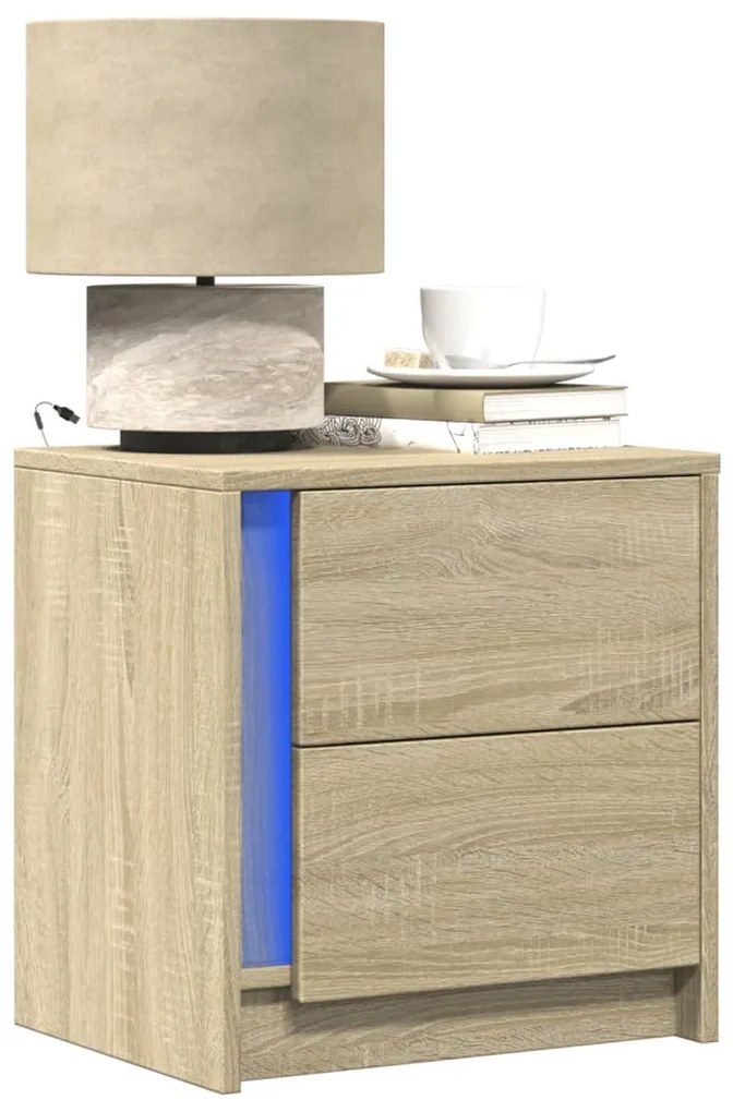 vidaXL Noptiere cu lumini LED, 2 buc., stejar sonoma, lemn prelucrat