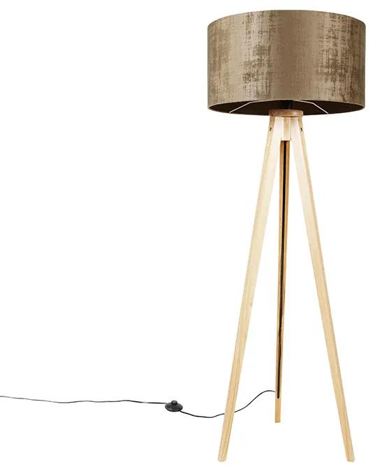 Lampă de podea din lemn cu nuanță de țesătură maro 50 cm - Tripod Classic
