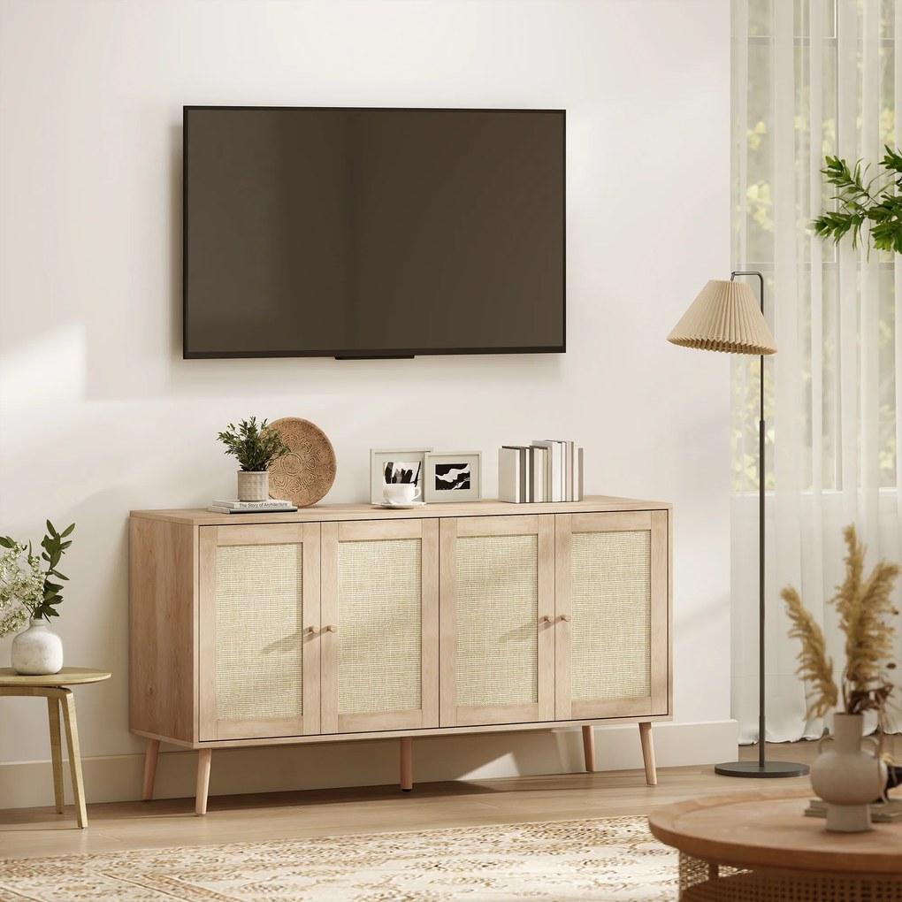 HOMCOM Bufet pentru living, mobilier de depozitare cu uși cu împletitură (cannage) și poliță reglabilă 140 x 40 x 75 cm, aspect lemn natural | Aosom Romania