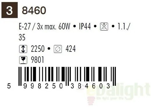 Stalp exterior cu 3 brate, H-225cm, IP44, auriu antic Toronto 8460 RX