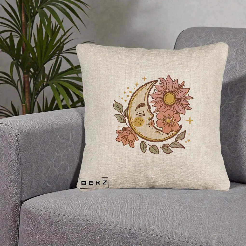 Perna Personalizata Luna Boho Chip Floral, 40x40 cm, Bej Canapea, Husa Detasabila, Perna Inclusa, BEKZ®