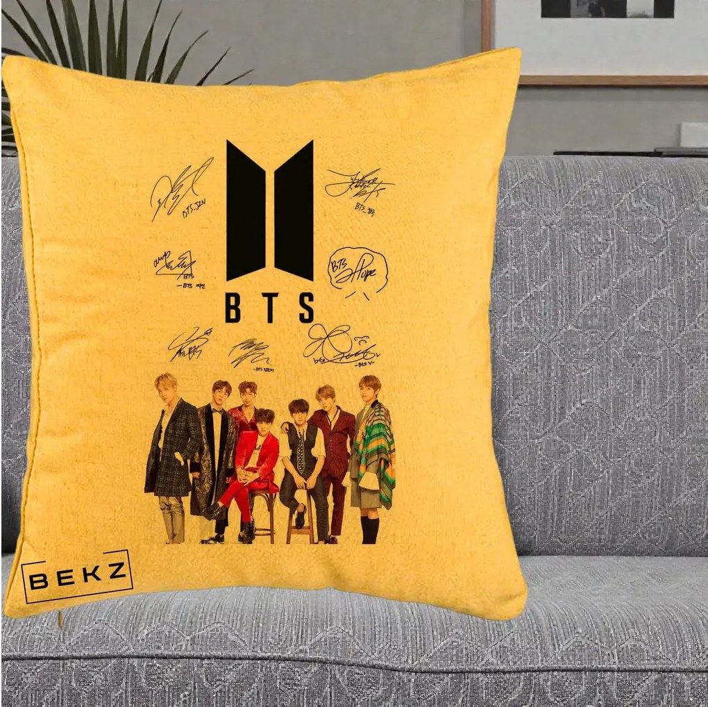 Perna Personalizata K-pop BTS Semnaturi Foto, 40x40 cm, Galben, Husa Detasabila, Perna Inclusa, BEKZ®