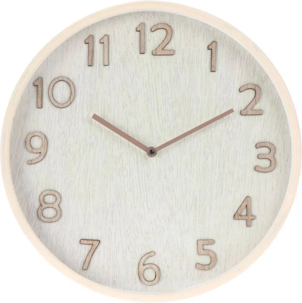 Ceas decorativ de perete, cu aspect de lemn natur și cifre reliefate, design modern