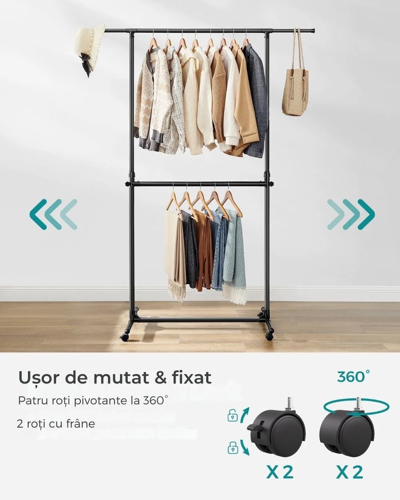 Suport pentru haine în două trepte JASON, 101-165x49x113-180cm, negru SongmicsHome