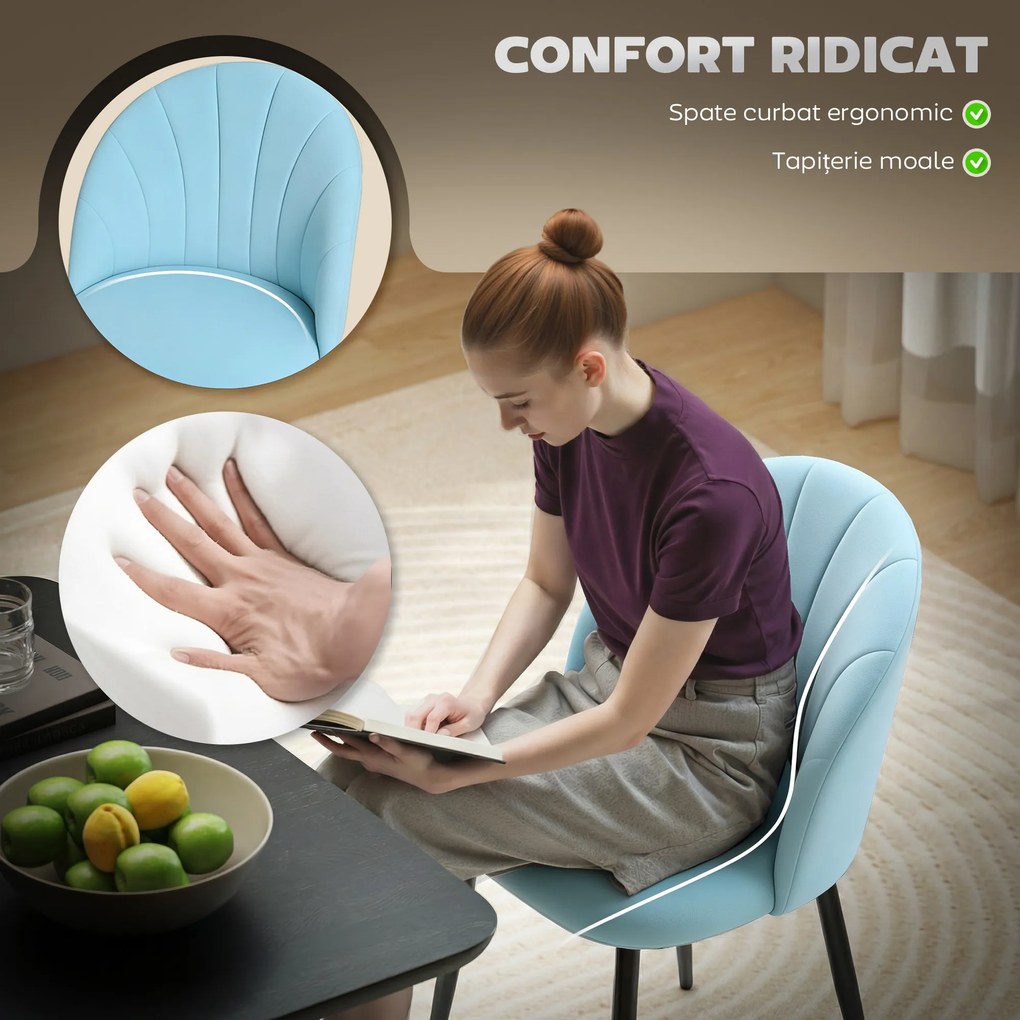 HOMCOM Set de 2 Scaune de Sufragerie din Catifea, Scaune Bucătărie cu Spătar Curbat în Formă de Scoică, Picioare din Oțel, Stil Nordic, Scaun Tapițat pentru Bucătărie, Dormitor, Living, Albastru Deschis | Aosom Romania