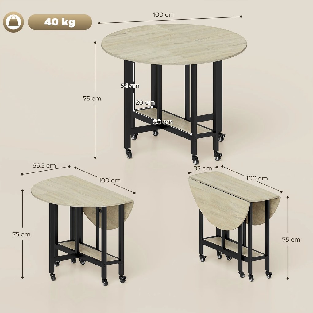 HOMCOM Masă pliabilă, masă cu funcție pliabilă și raft deschis, masă mobilă de bucătărie pentru sufragerie, spații mici, lemn natural | Aosom Romania