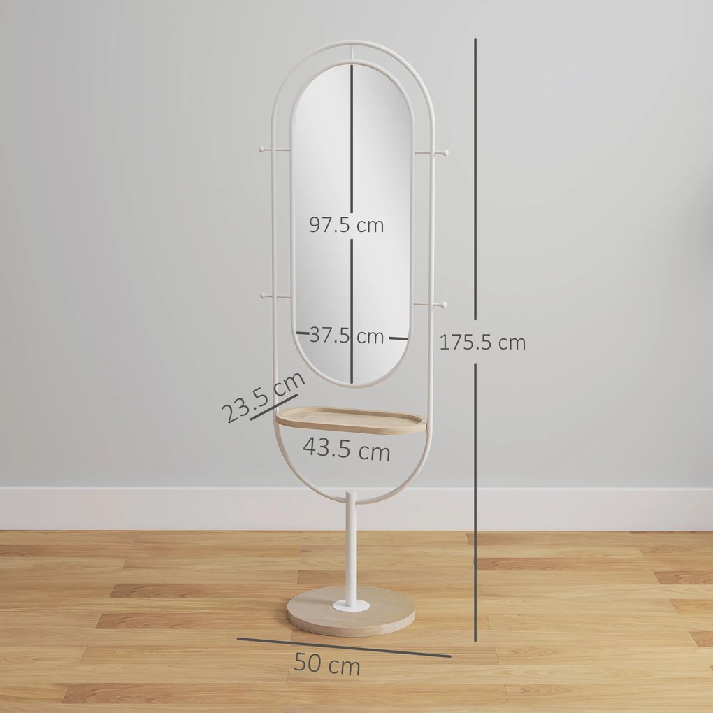 HOMCOM Oglindă de Corp Intreg 175,5x50 cm cu Tavă din Lemn 4 Cârlige și Rama de Metal pentru Salon Dormitor Alb | Aosom Romania