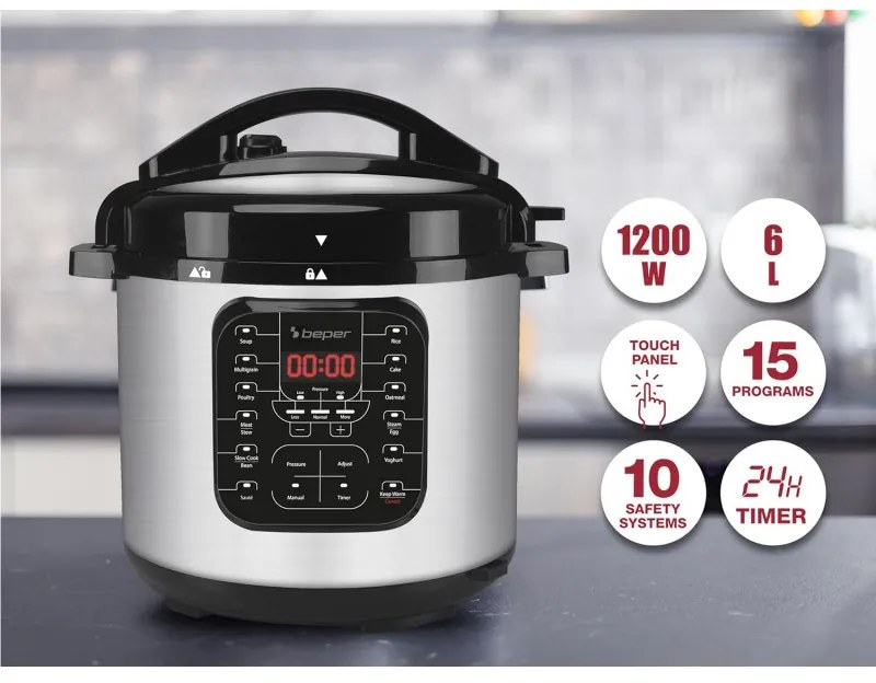 Multicooker sub presiune Beper P101COS001, 1200W, 6 L, 15 programe, Timer, Inox/Negru
