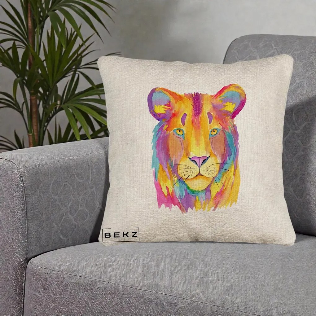 Perna Decorativa Leu Acuarela Curcubeu, 40x40 cm, Bej Canapea, Husa Detasabila, Perna Inclusa, BEKZ®