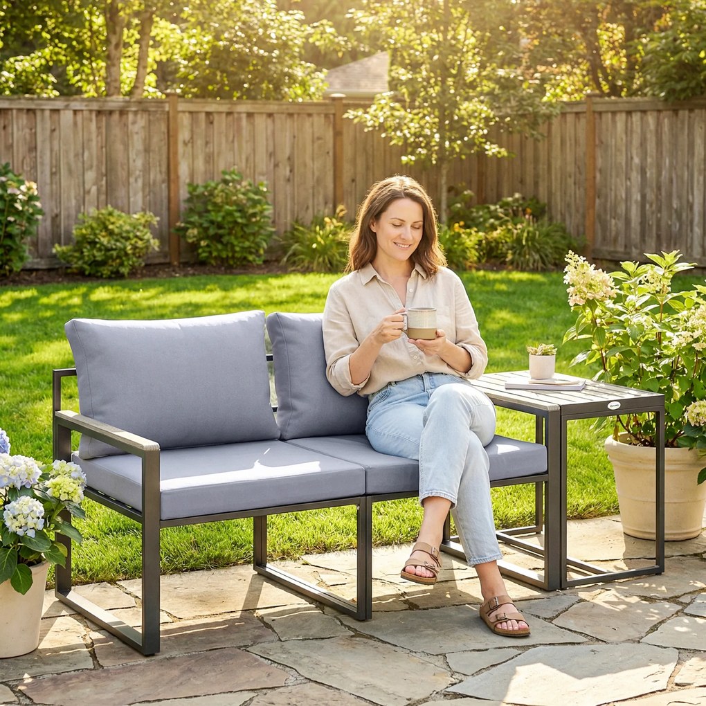 Outsunny Set Bistro Grădină 3 Piese pentru 2 Persoane, Masă și Scaune Exterior cu Șezut Textilen și Perne, Gri | Aosom Romania