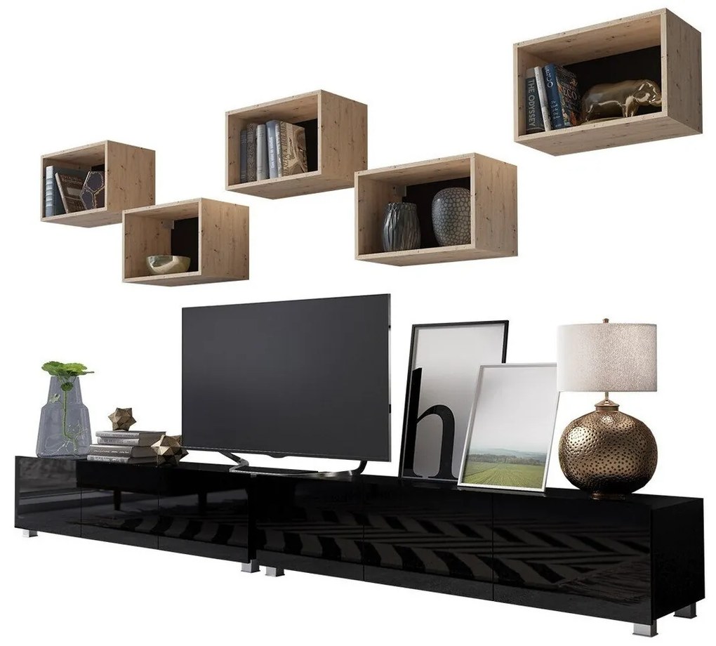 Camera de zi Providence B150Negru, Stejar Artisan, Negru lucios, Părți separate, Cu comodă tv, Cu componente suplimentare, PAL laminat, 300x43cm
